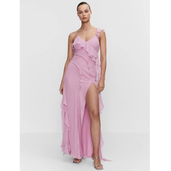 RARE MANGO RUFFLES SLIT DRESS PASTEL PINK - Picture 3 of 9